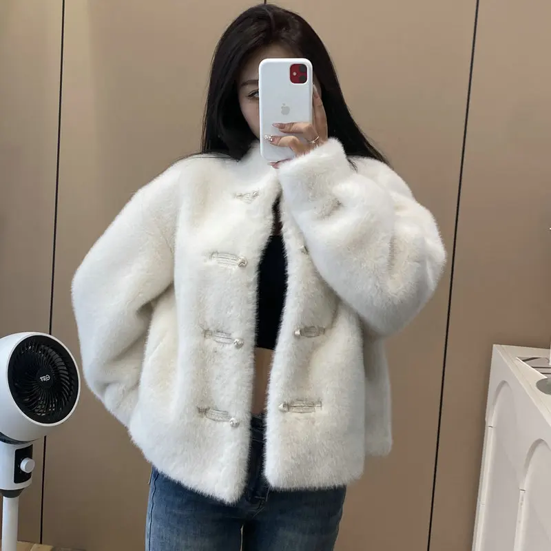 Luxury High-end Faux Mink Fur Jacket Winter Warm Chic Fur Coat Women Single-breasted Long Sleeve Tops Soft Women's Clothes Trend