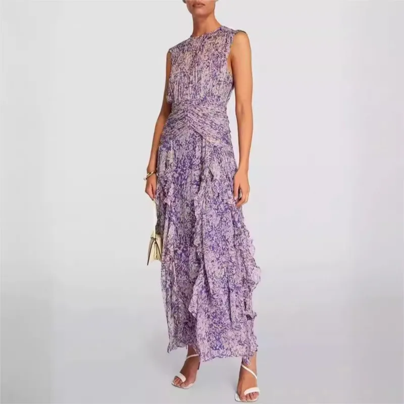

French Style Chiffon Long Dress 2025 Summer Fashion Elegant Round Neck Sleeveless Slim Vestidos Printed Ruffle Edge Maxi Dresses