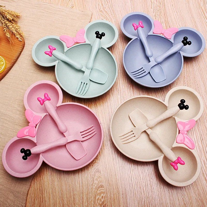 3Pcs/set Cartoon Baby Bowl Tableware Set Wheat Straw Children's Dishes Kids Dinner Feeding Plate Bowknot Food Plate Spoon Fork