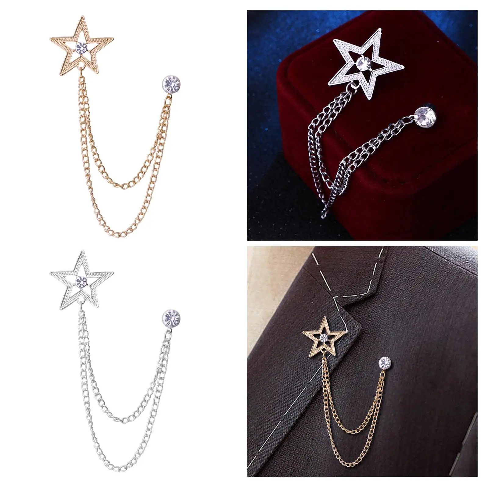 Heren pak ster broche reversspeld handgemaakte metalen ketting kwastje met strass