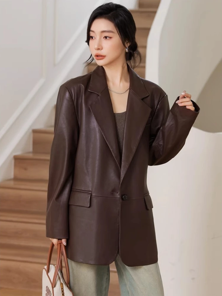 Casual Genuine Leather Blazer Jackets for Women Spring Autumn 2025 New High-end Solid Simple Vintage Soft Real Sheepskin Coat