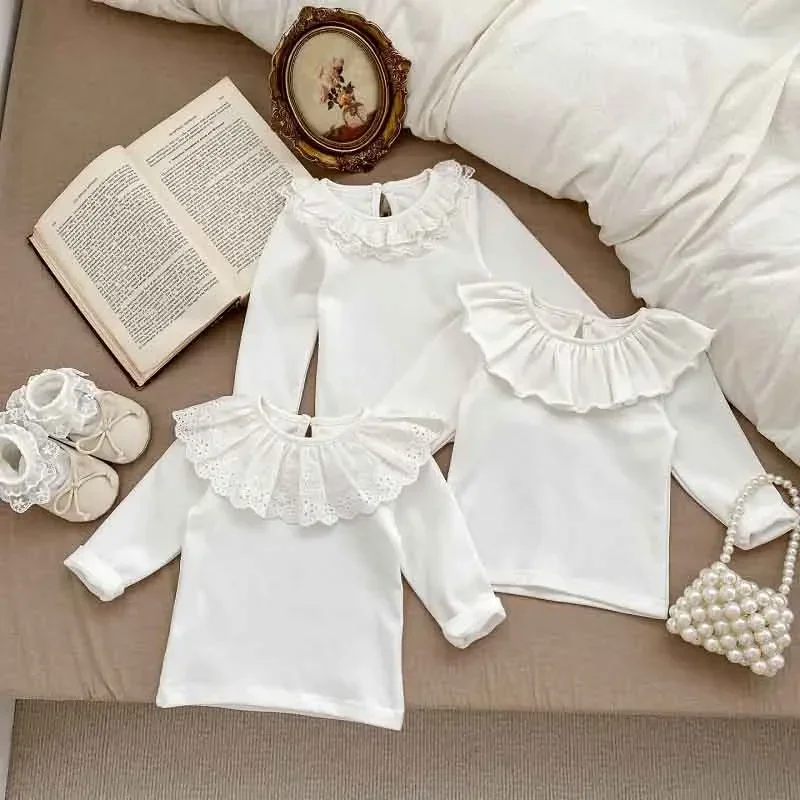 2025 Princess Baby Girl T-shirt 0-3Years Newborn Kids Solid Color Long Sleeve Cape Collar Cotton Tee Shirt Soft Spring Clothes