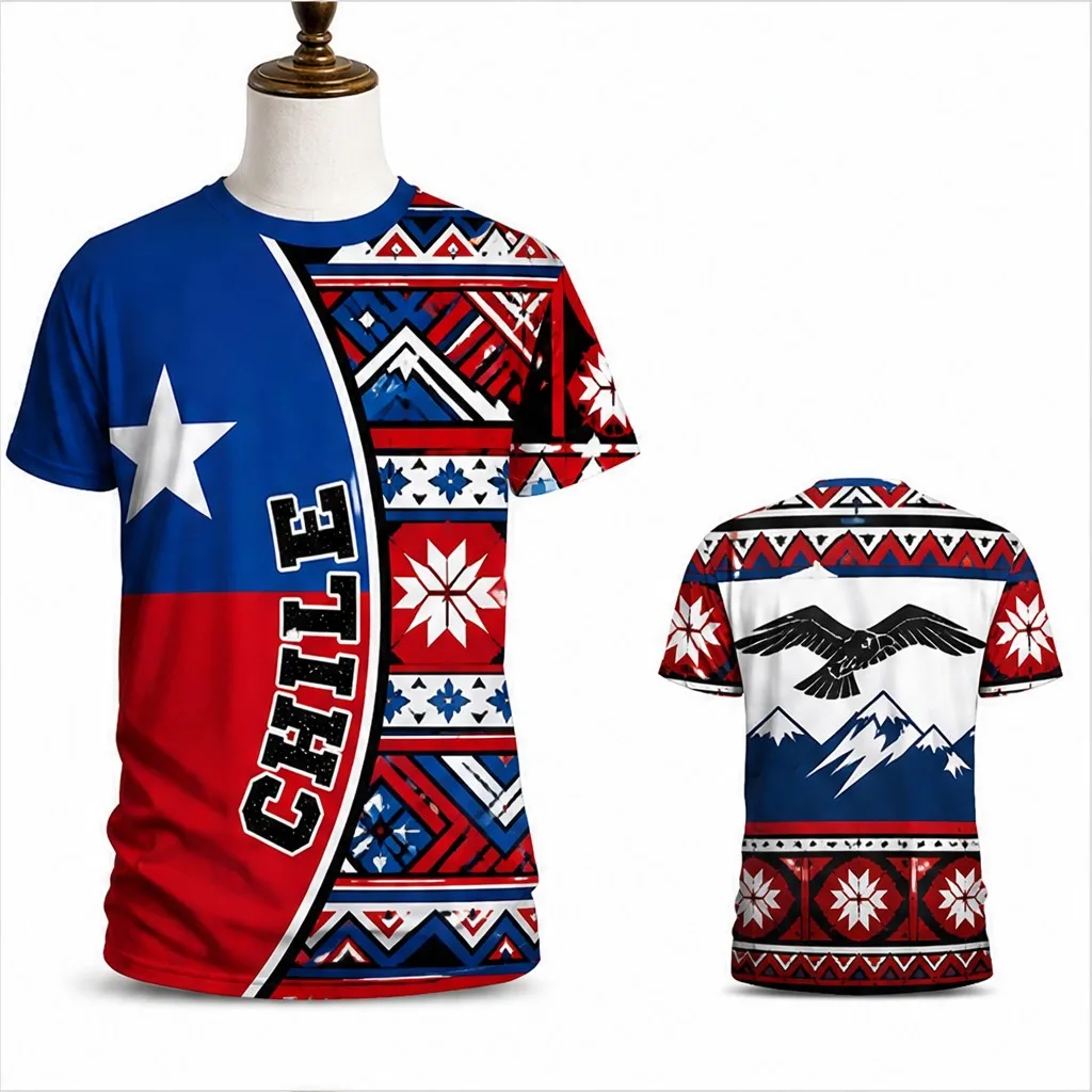 Mens Crewneck T Shirt Chile Star Eagle Graphic Short Sleeve Casual Flag Style Tee Red Blue Tribal Mountain Print Top Summer Wear