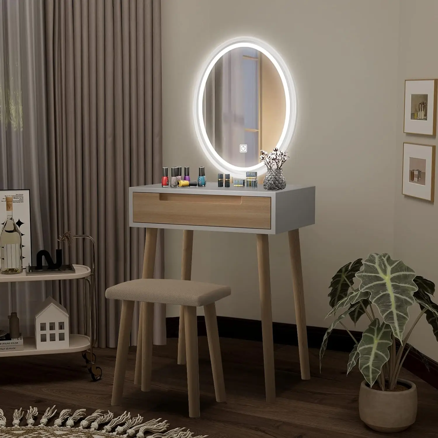 Makeup Vanity Table Set with  Adjustable Lighted/Brightness  Mirror Cushioned Stool,Dressing Table for Small Space with Drawers