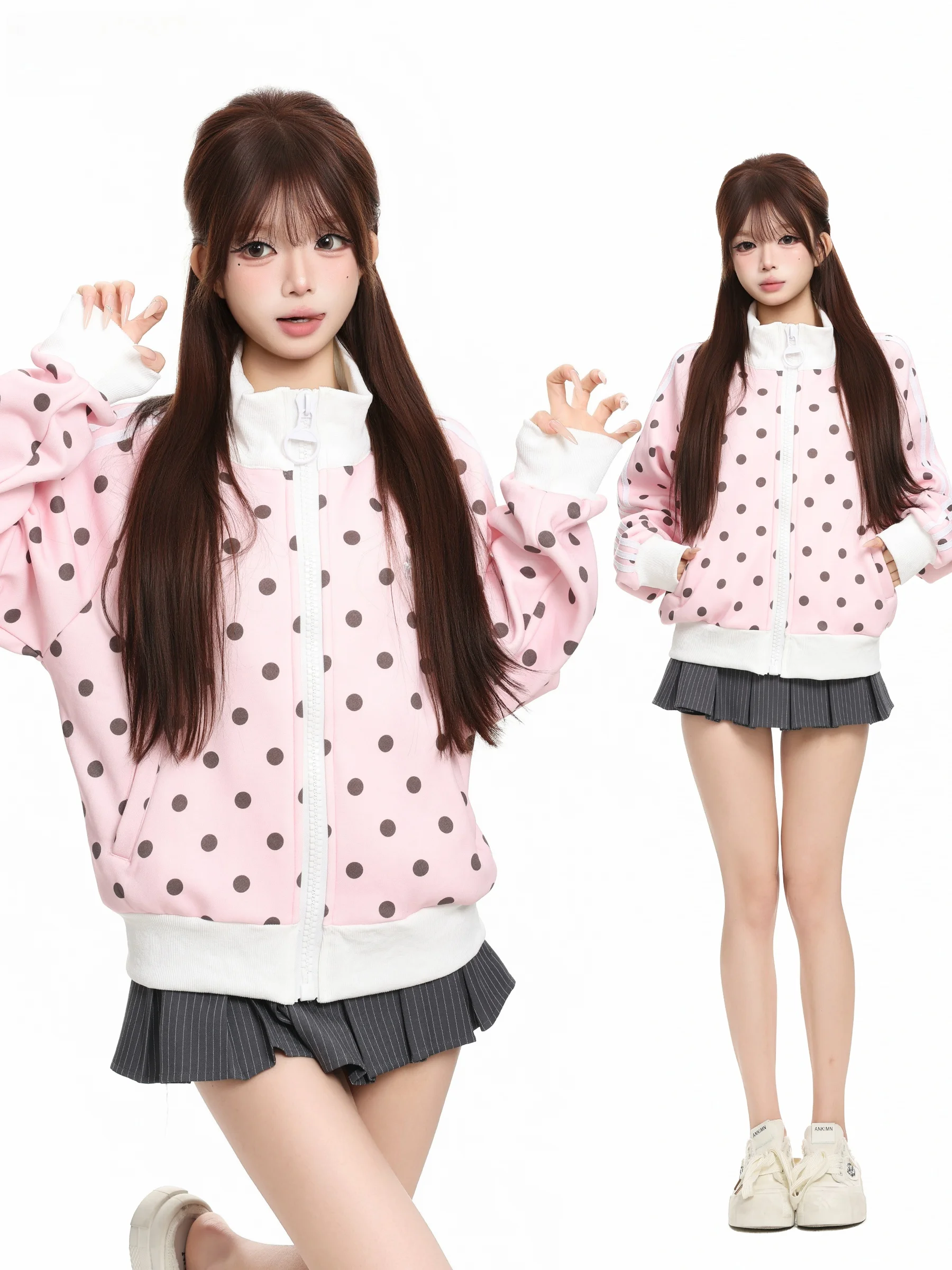 BASTERDS Women's Loose Fit Zipper Front Casual Pullover Coat Dopeine Polka Dot Print Long Sleeve Short Length Top
