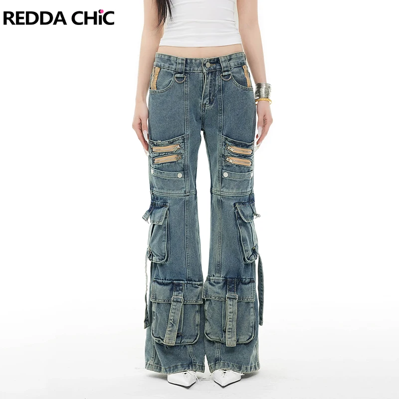 

REDDACHiC Women's Zipper Decor Cargo Jeans Heavy Distressed Multi-pocket High Waist Relaxed Flare Pants Punk Vintage Streetwear
