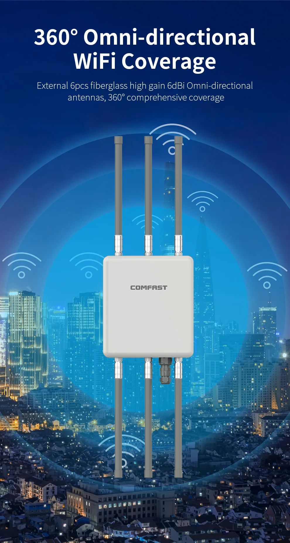 COMFAST نقطة وصول خارجية 750Mbps طويلة المدى 6 * 6dbi واي فاي هوائي موسع 5G عالية PowerIP67 مقاوم للماء جهاز توجيه متعدد الاتجاهات