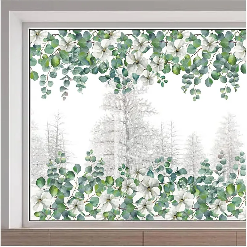 1pc 118x39cm Large Eucalyptus Leaves Window Clings Spring Green Leaf Flowers Window Decals Summer Hanging Vine Window Stickers