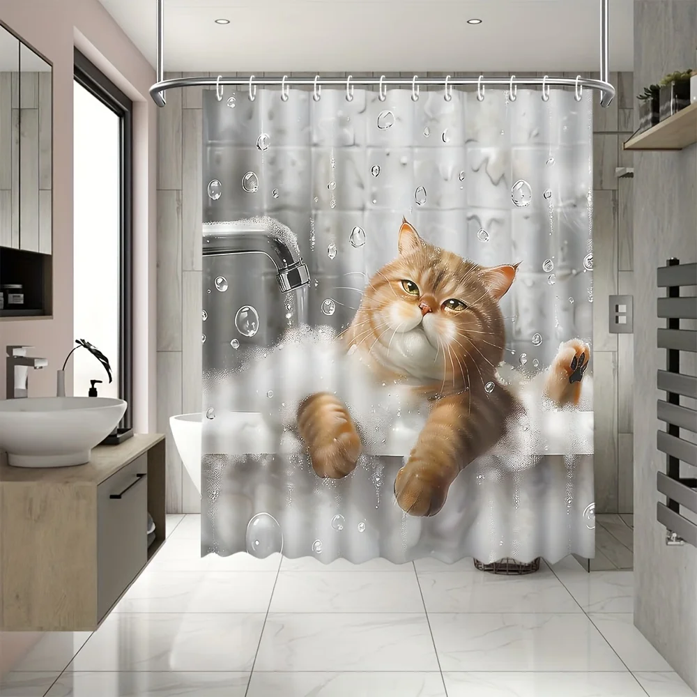 

1pc Shower Curtain - Adorable Orange Cat in a Bathtub with Bubbles and Water Drops Design Waterproof