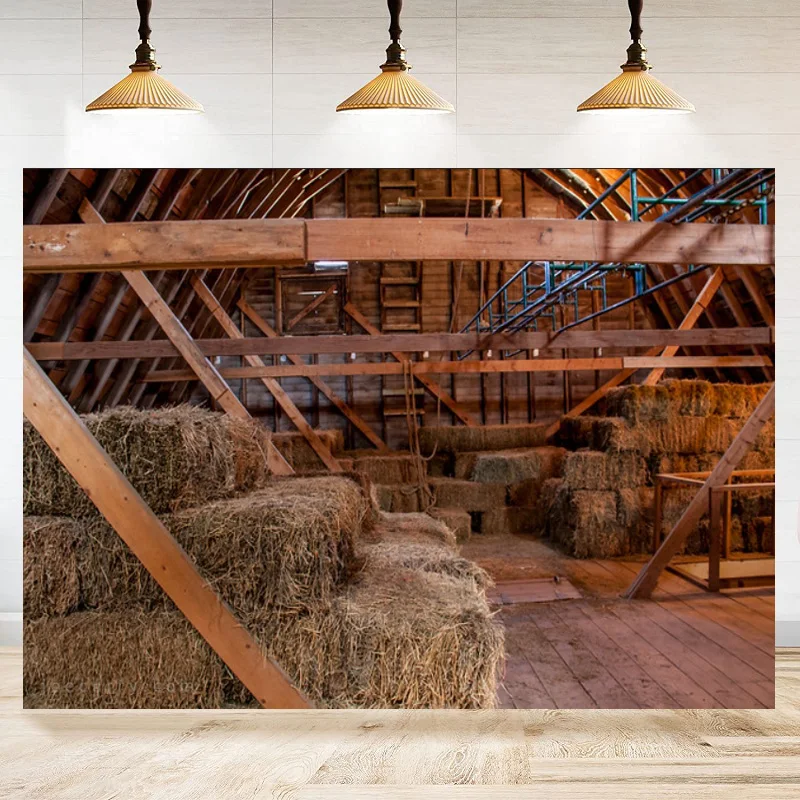 Western Farm Barn Nativity Photography Backdrop Interior Old Barn Manger Scene Straw Bales Haystack Country Farmhouse Background