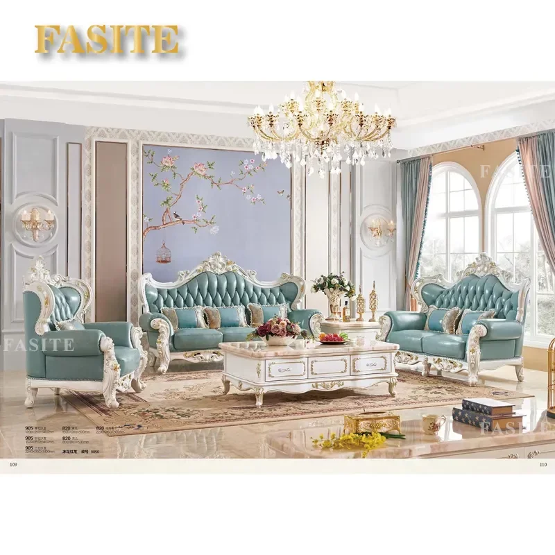 For European Luxury Carved Wood Frame French Classic Genuine Leather Upholstered Sofa 1 2 3 Seater Hotel Couch Home Living