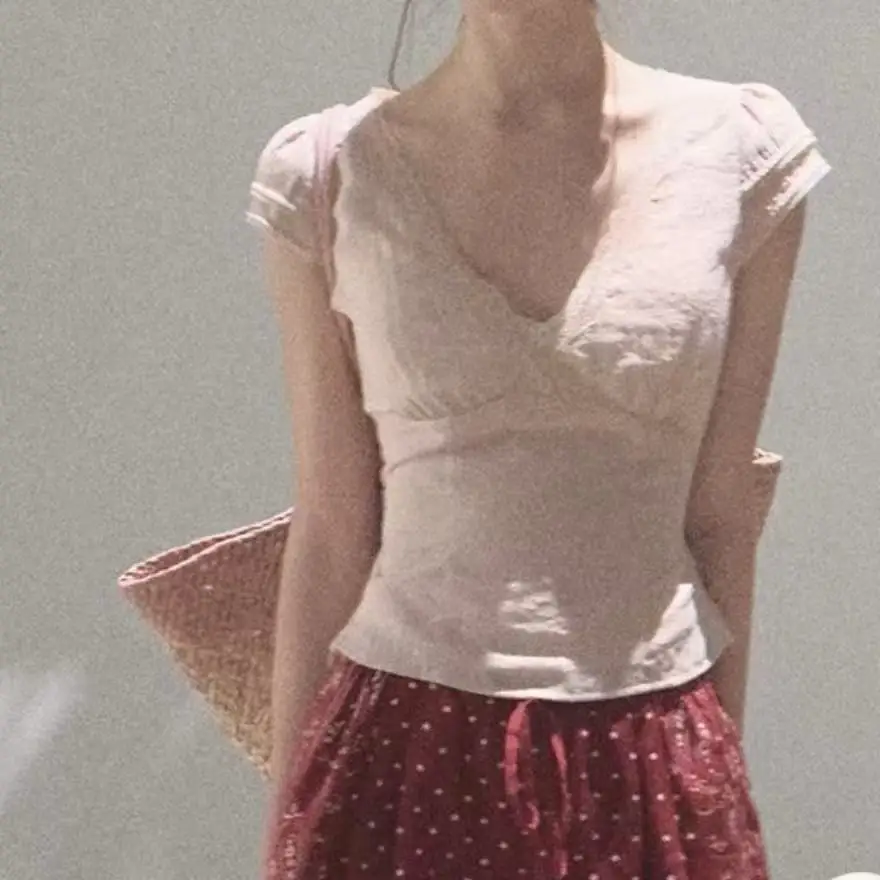 Double Layered Lace V-neck Strap Versatile Slimming T-shirt Top For Women
