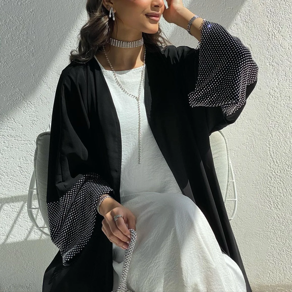 2024 New Muslim Ramadan Eid Black Open Kimono Abaya Elastic Drilling Net Shalwar Kameez Casual Loose Moroccan Gulf Women Robe