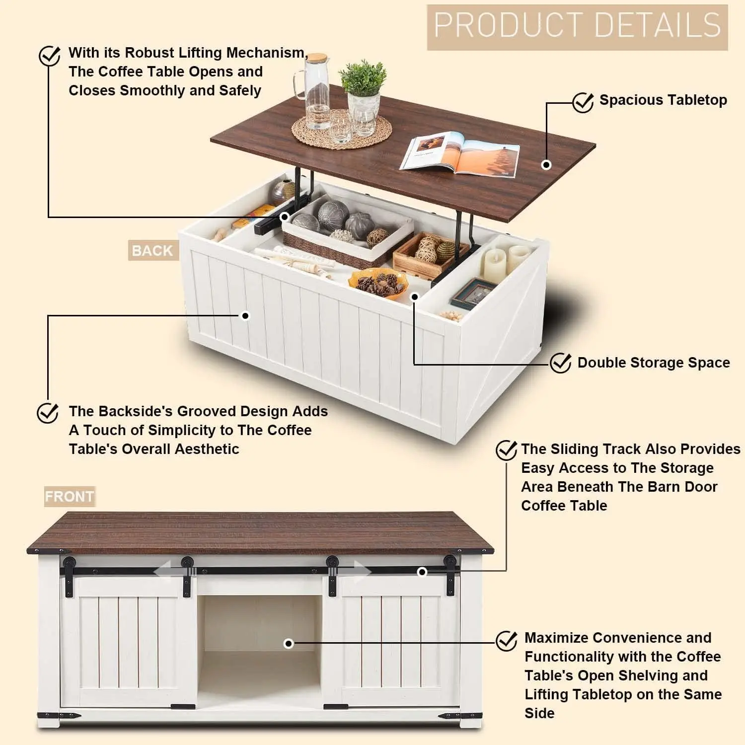 Table basse de ferme avec porte de grange à rainure market, table centrale en bois rustique avec double espaces de rangement, Cocktai élévateur, 48 po