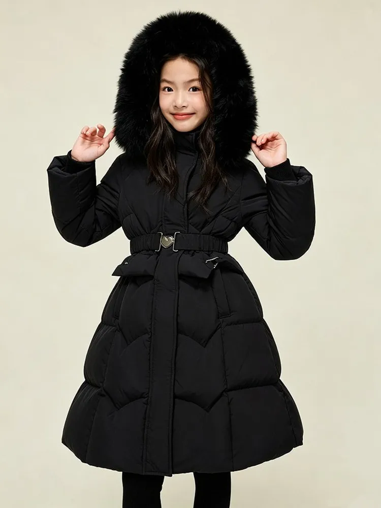 Langer Winter-Daunenmantel für Mädchen mit großer Kunstfellkapuze, Kinder-Taillengürtel, warme Pufferjacke für Mädchen, Schnee-Oberbekleidung A5107 – Detail 11