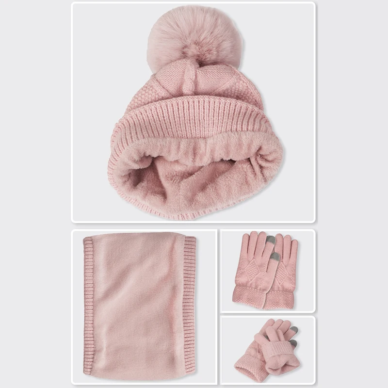 3종 여성 겨울 모자 스카프 터치스크린 장갑 털 볼 니트 비니 모자 넥 워머 세트 따뜻한 여성용 모자 십대 소녀 모자