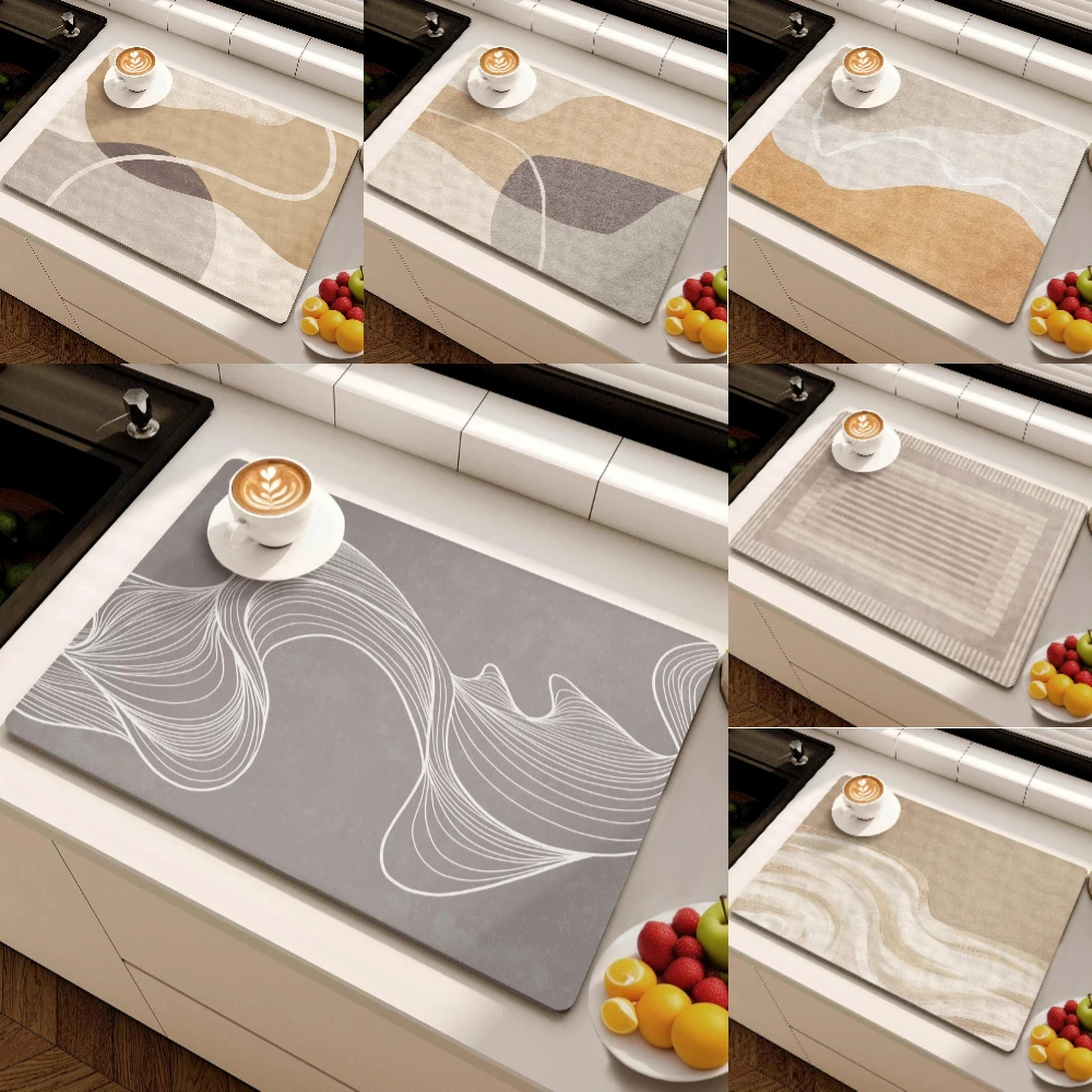 Modern Minimalist Lines Diatom Mud Dish Drying Mat Super Absorbent NonSlip Kitchen Drain Pad for Tableware Coffee Machine Decor