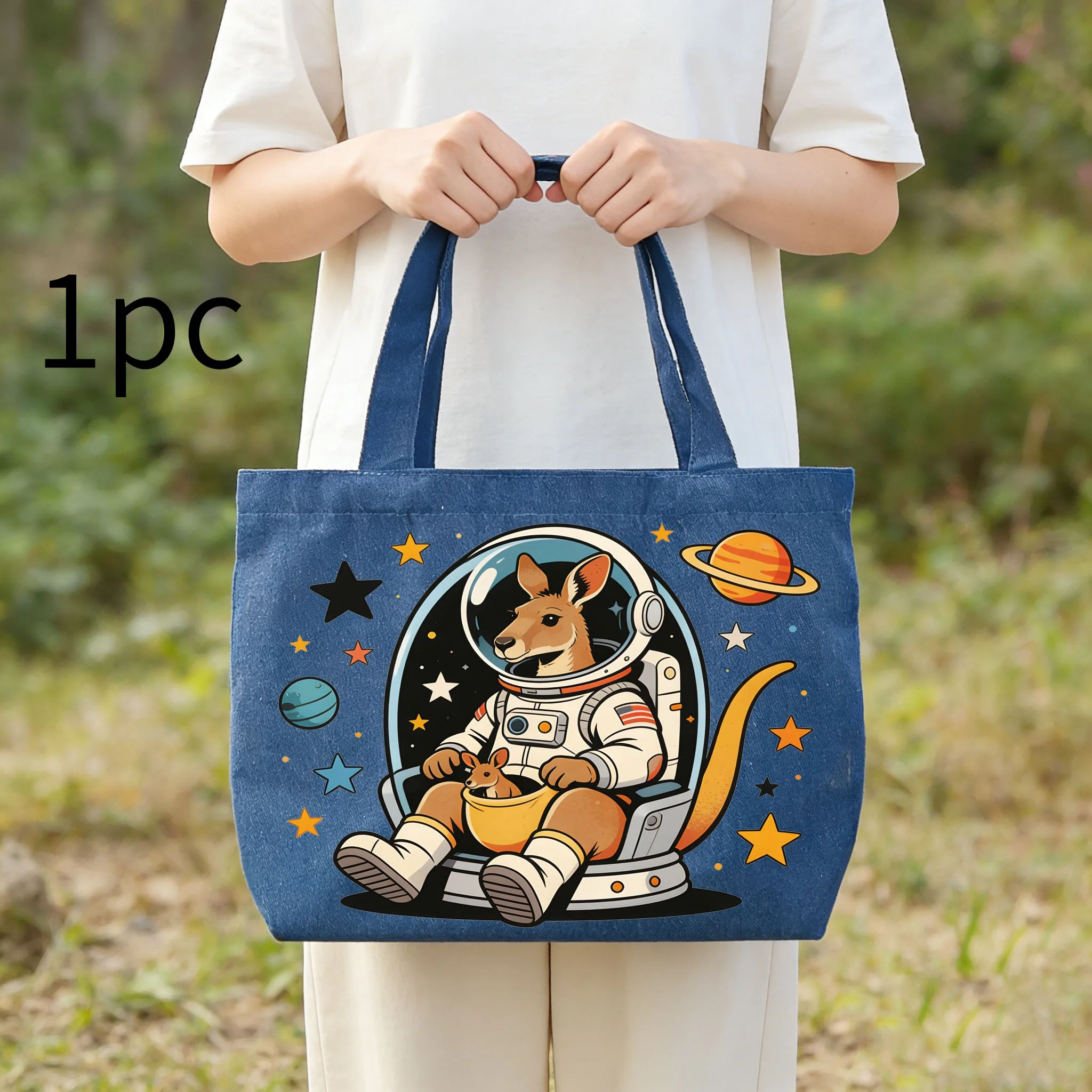 

1 шт., джинсовая холщовая сумка с рисунком космического кенгуру, моющаяся экологически чистая сумка, повседневная повседневная сумка-тоут