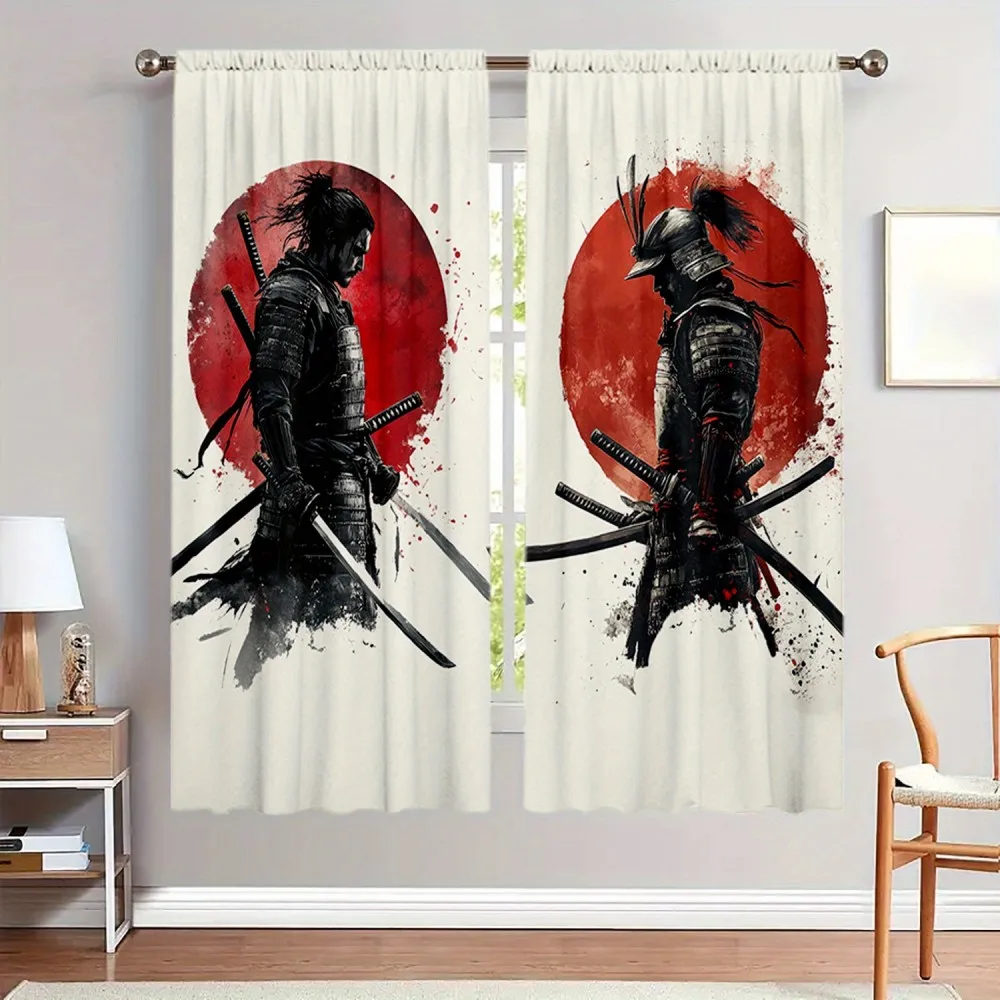 2PCS Japanese Curtains, Samurai Sword Red Sun Ink, Digital Print, Bedroom Living Room, Rod Pocket Polyester, Home Decor