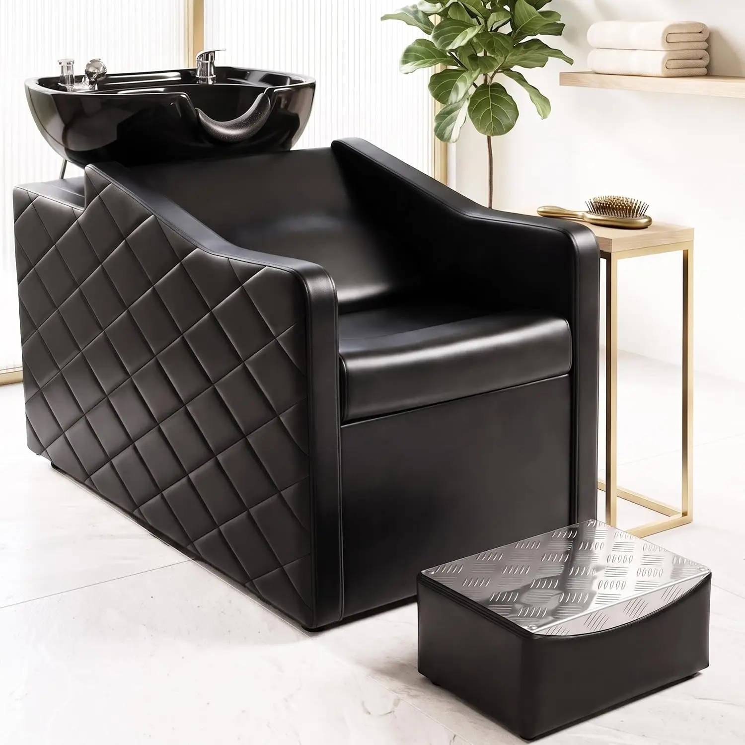 Large Ceramic Bowl,8.6inch Deep Washing Sink,Soft Neck Rest,Loading 450lbs, PU Leather, Ideal for Beauty Spa Barbershops