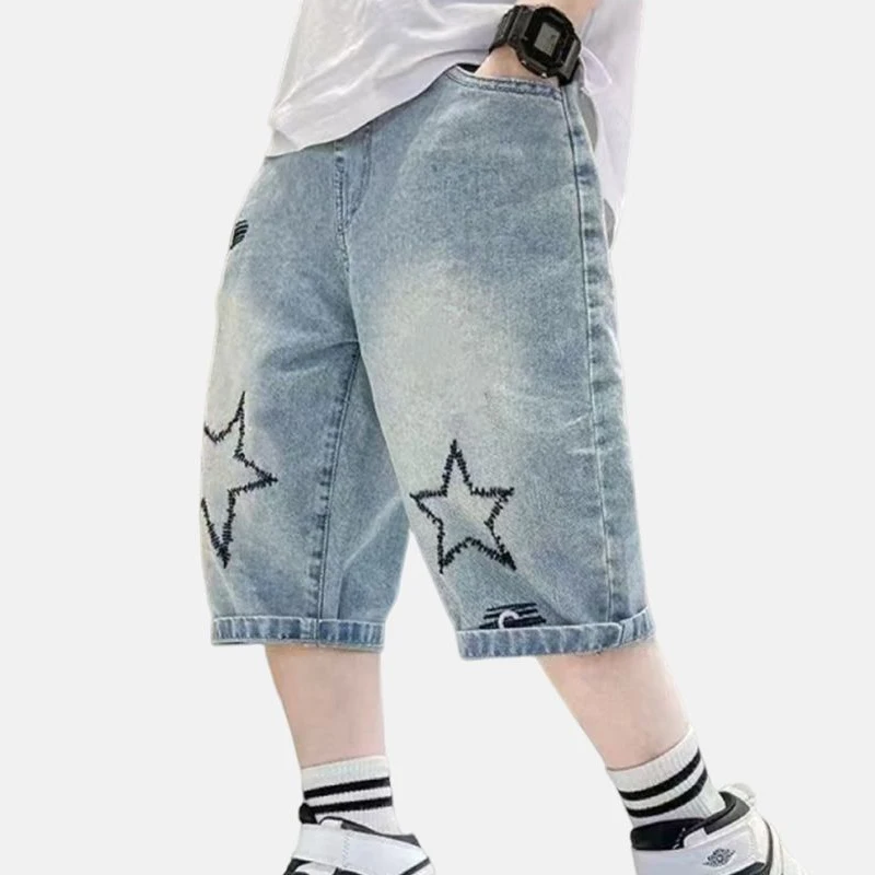 Children Jeans Boys Cotton Shorts Splice Stretch Denim Shorts Korean Teenage Trousers Wear Kids Clothing Denim Ripped
