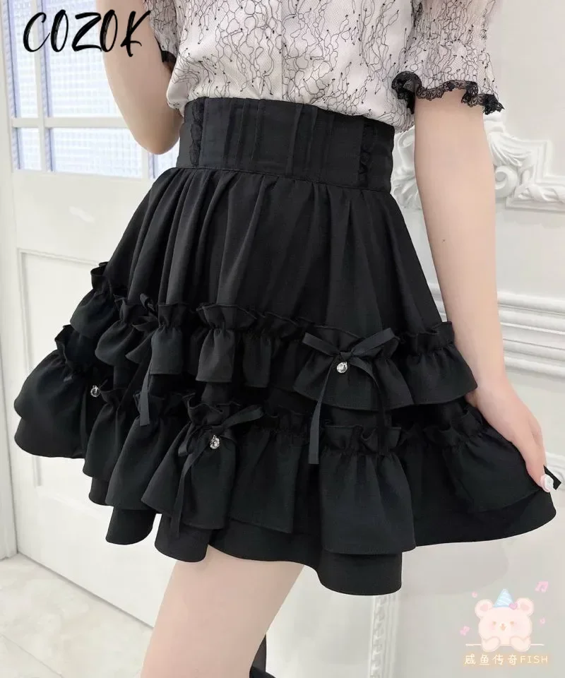 Summer Japanese New Pendant Ribbon Layer Cake Short Skirt Girl Mass- Produced All-Match Sweet Girls Daily High Waist Mini Skirts