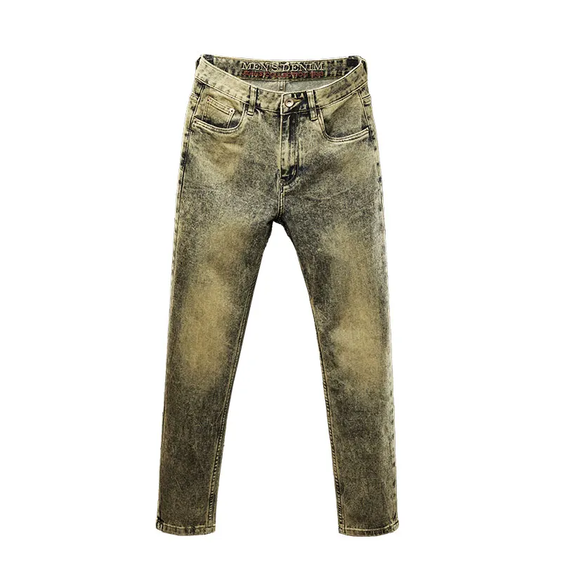 Yellow Mud Color Retro Nostalgic Men's Jeans Street Fashion Trends All-Matching and Handsome Slim Fit Skinny Distressed Trousers