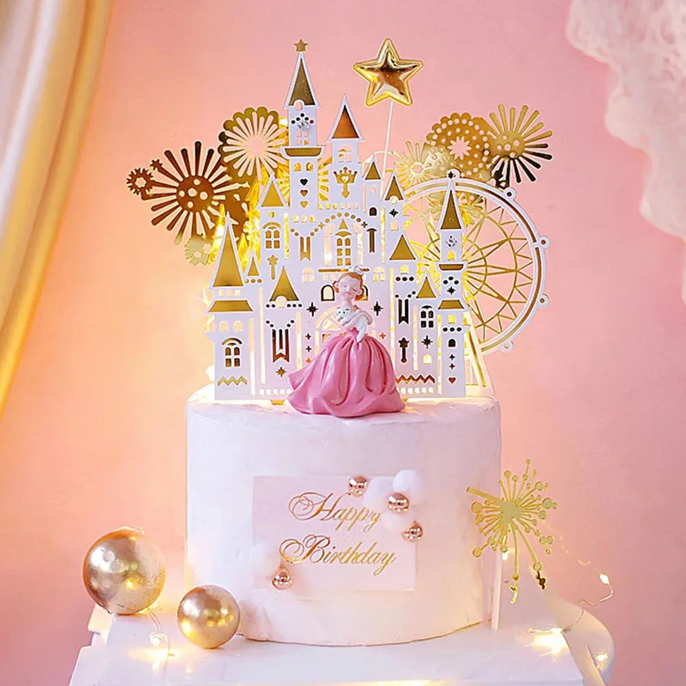 Gold Ferris Wheel Castle Girl Princess Birthday Cake Topper Wedding Decor Birthday Party Baby Shower Baking Gift Cake Accessory