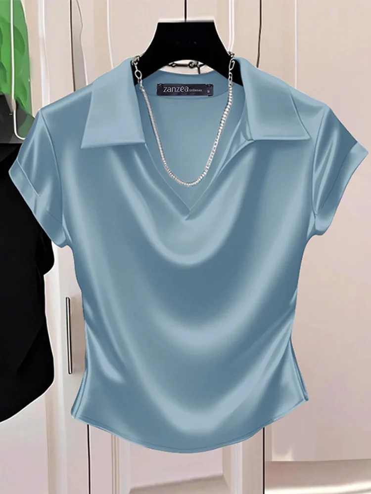 

ZANZEA 2022, офисная женская блузка, летняя модная рубашка, элегантный однотонный атласный топ с v-образным вырезом и коротким рукавом, стильные однотонные облегающие блузки