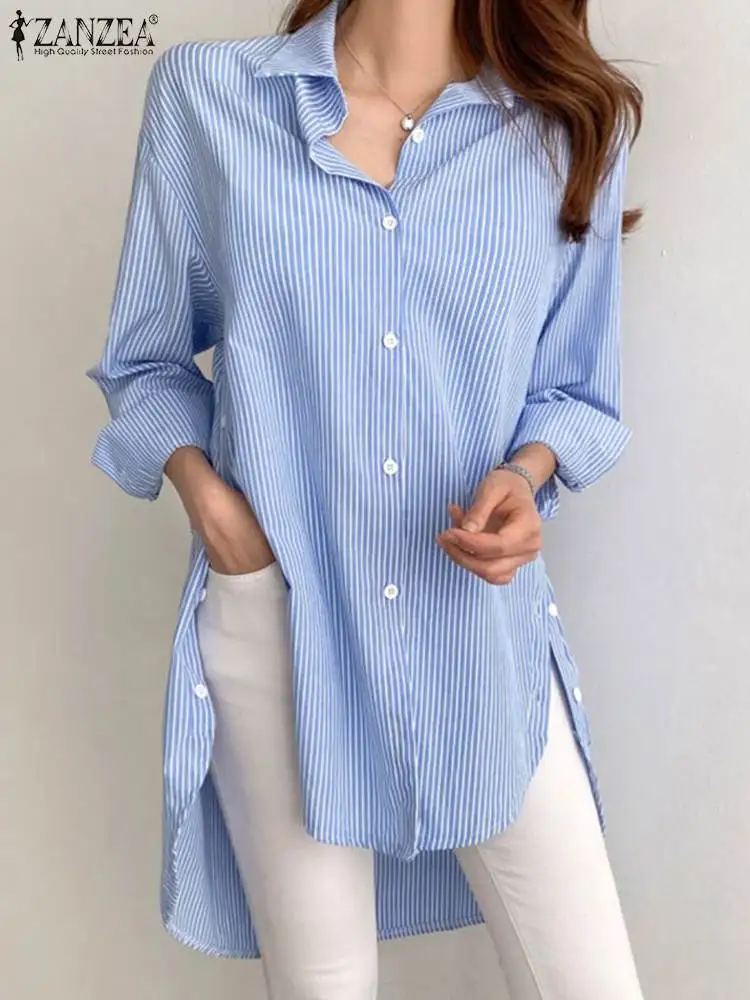 ZANZEA Casual Long Sleeve Blusas Striped Shirt 2023 Women Lapel Neck Tunic Casual Loose Drop Shoulder Fashion Asymmetrical Tops