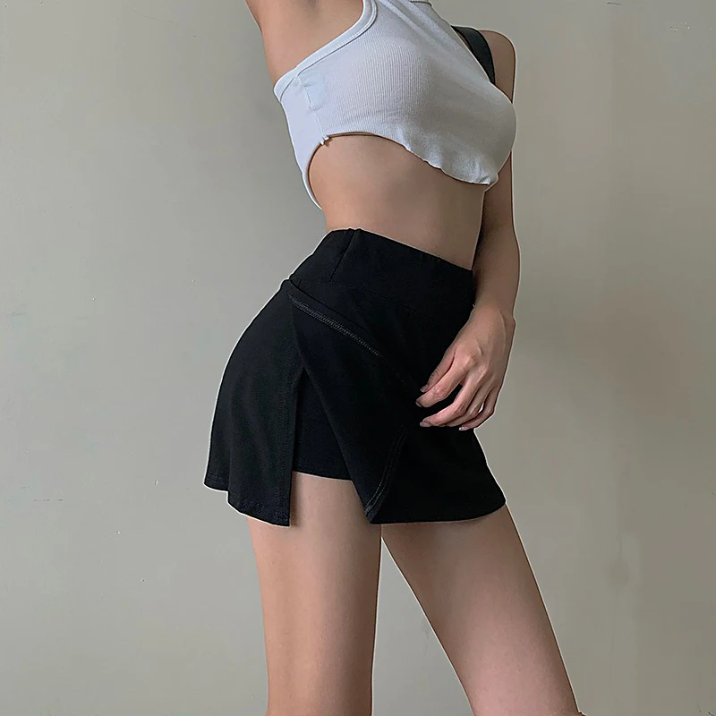 Women's Tennis Mini Skirt Solid Color High Waisted Casual Wrap Skirt Mini Skirt with Lined Shorts for Active Commuting