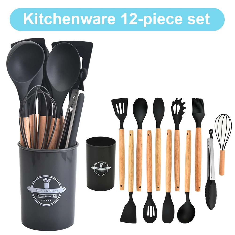 

12Pcs Kitchen Utensil Set Silicone Spatula Set Wooden Handle Heat-Resistant Cookware Spatula Spoon Brush Whisk for Kitchen