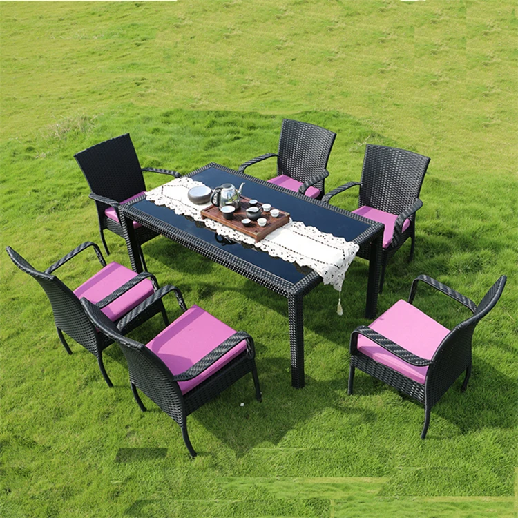 Black Modern Patio Porch Wicker 7 Piece Dining Sets Outdoor Garden Rattan Aluminum Table and 6 Seater Chairs