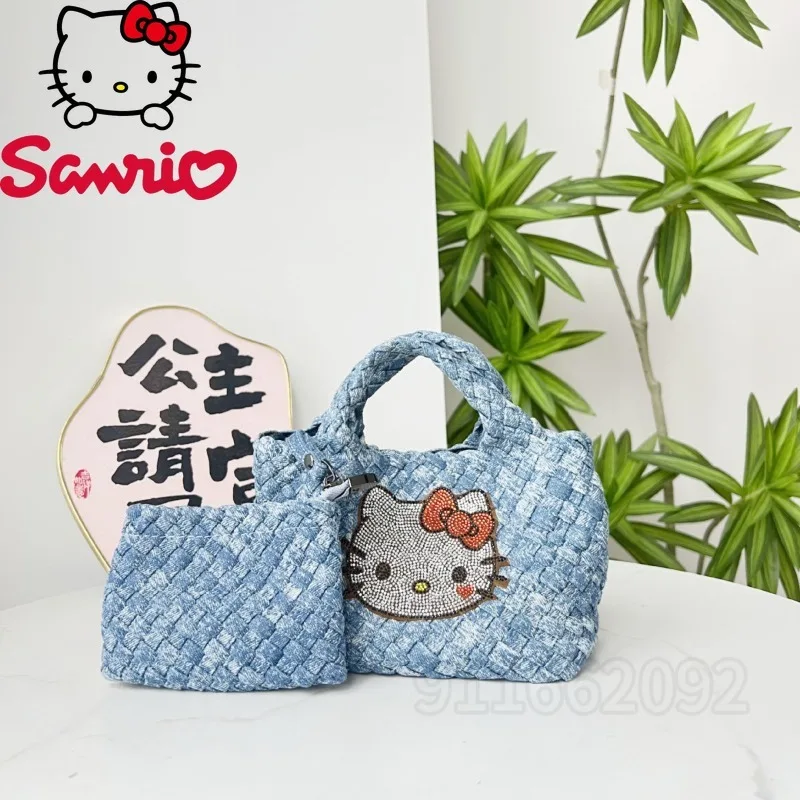Sanrio Hello Kitty New Diamond Women's Shoulder Bag Cartoon 2-piece Set Mini Women's Bag Fashion Trend Woven Mini Handbag