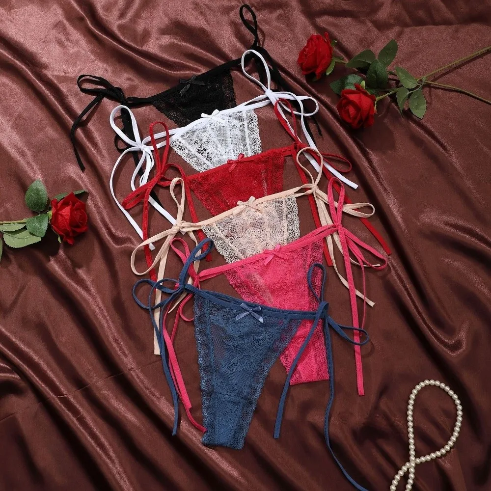 Low Waist Straps Mesh Floral Panties Adjustable Waist Strap Bow Patchwork Lace Flower Transparent Briefs Seamless