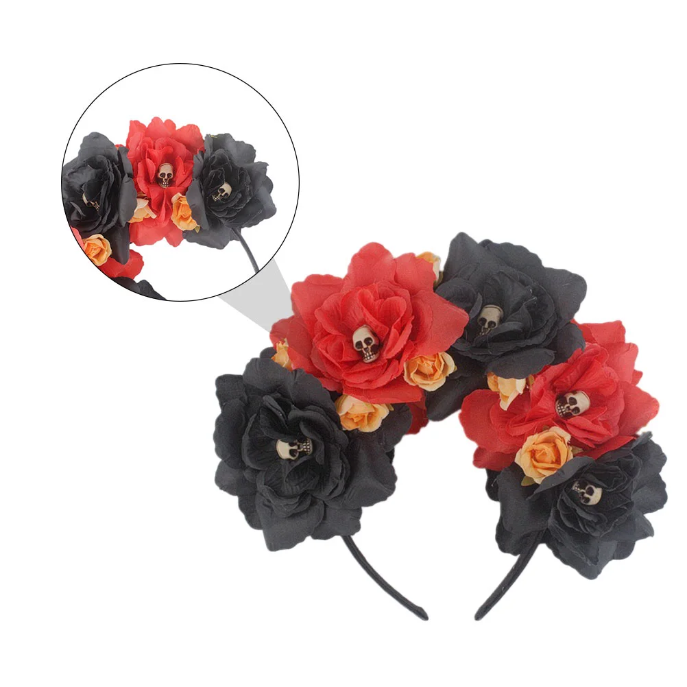 Halloween Party Headband Skull Decor Mexican Floral Headpiece Hair Flower Headdress Women Fabric Fashion Accessories Women's