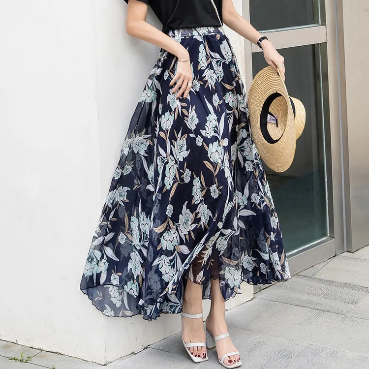 High Waist Skirt Women Print Ankle Length Skirts Summer Flat Loose 2025 Slight Strech Casual Beach Patchwork Maxi Y2k Streetwear