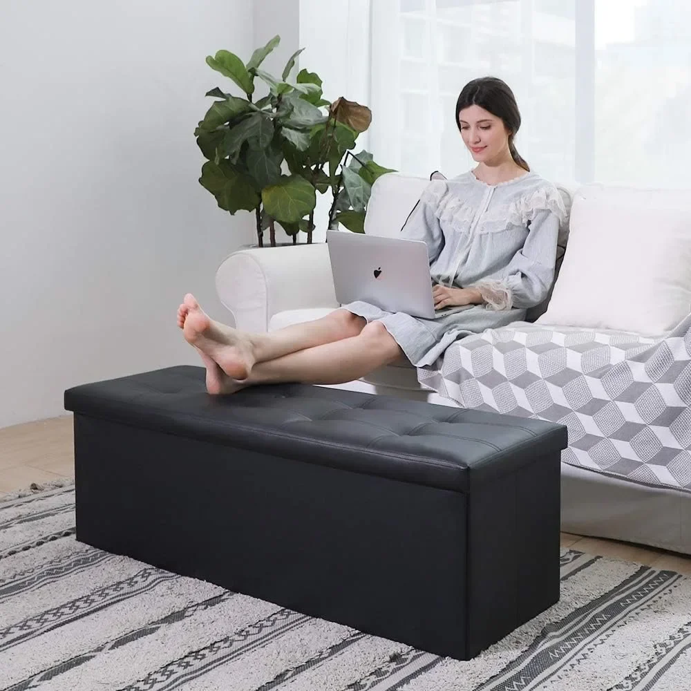 &43 Inch Folding Storage Ottoman Bench Cube Hold Up 700lbs With Memory Foam, Black Faux Leather Footrest