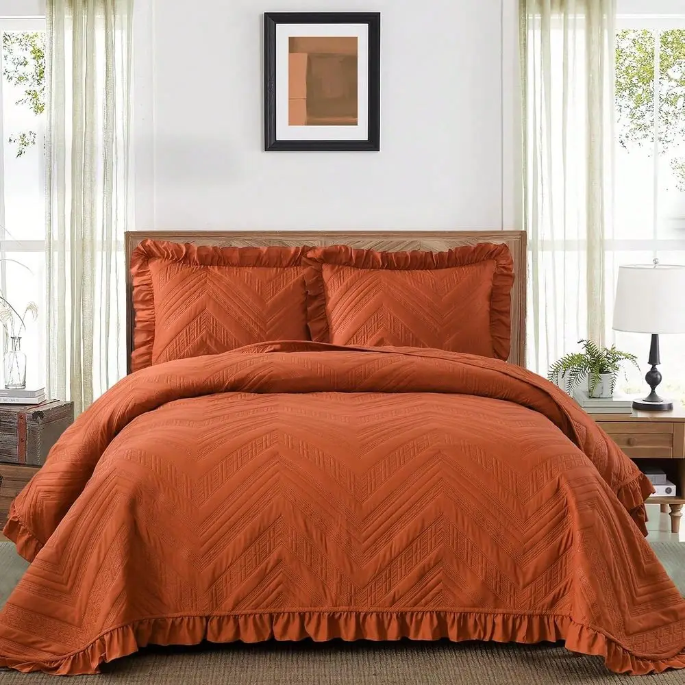 

Комплект стеганых покрывал цвета охры (кораллово-оранжевый) размера Queen/King, с оборками, легкие покрывала-пальто, покрывала-накидки, постельное белье