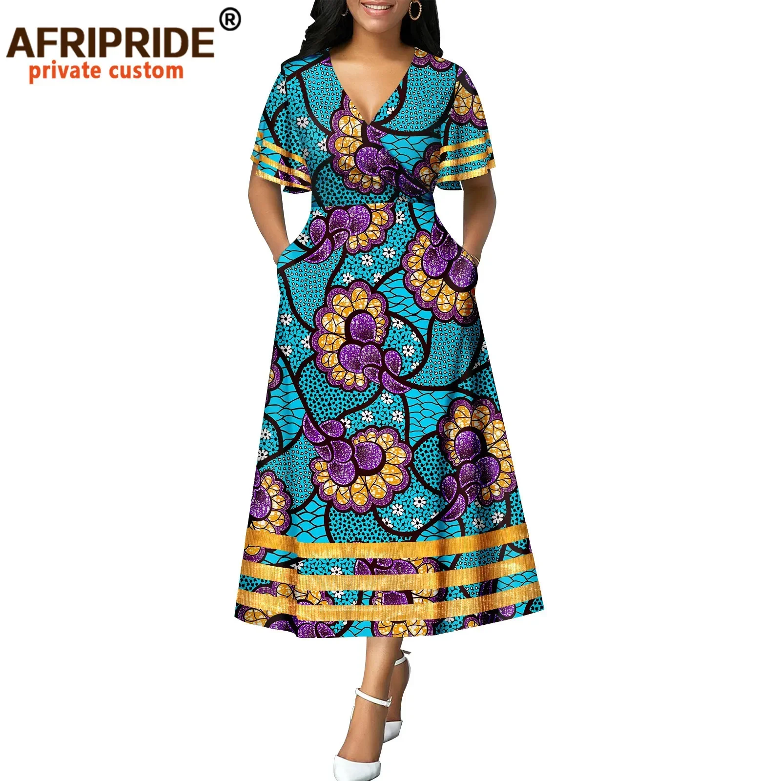 

African Dresses for Women Short Sleeve High Waist Embroidery Maxi Dress Print Attire Dashiki Outfits Elegant Fashion A2225036