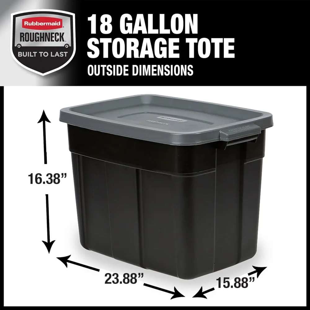 

Roughneck Tote 18 Gal, 6 Pack, Made in USA, Black & Gray, Rugged Plastic Stackable Storage Bins with Lids and Handles