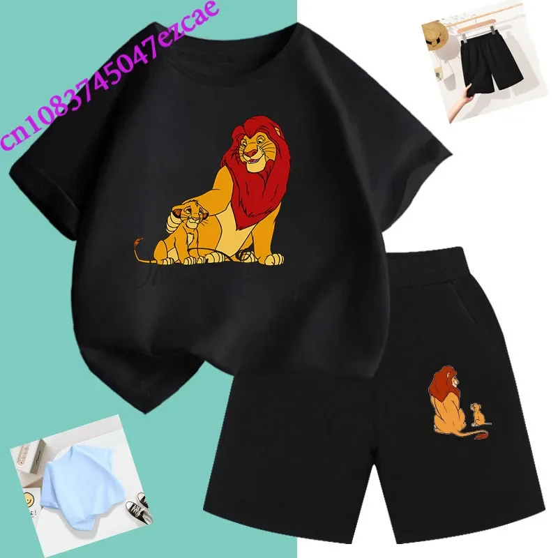 T-shirt estiva Disney Simba Set per bambini t-shirt re leone Set pantaloncini a maniche corte felpa con stampa cartone animato per ragazzi e ragazze