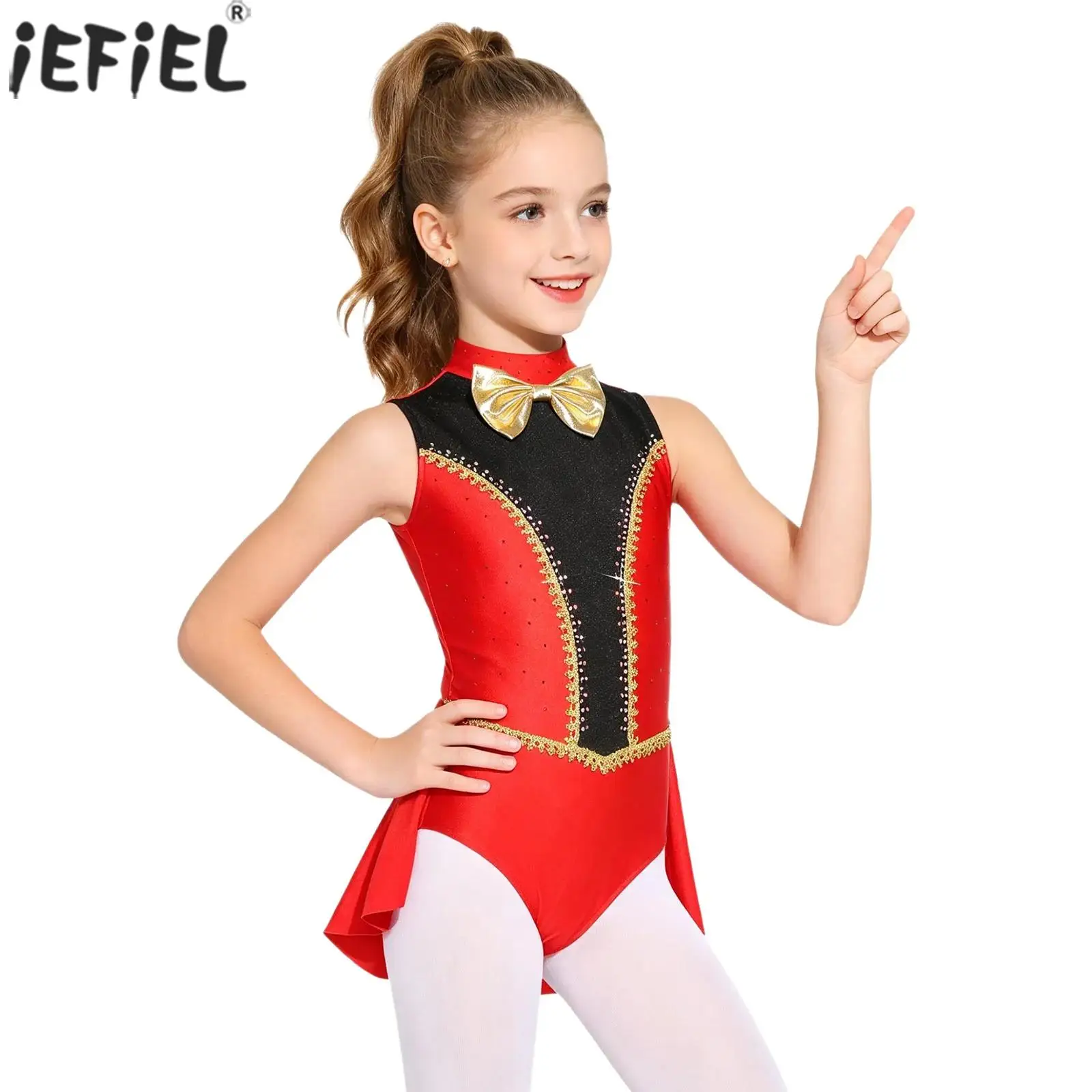 Kids Girls Circus Ringmaster Role Play Costume Sleeveless Shiny Rhinestones Gold Trim Bodysuit Ballet Dance Gymnastics Leotards