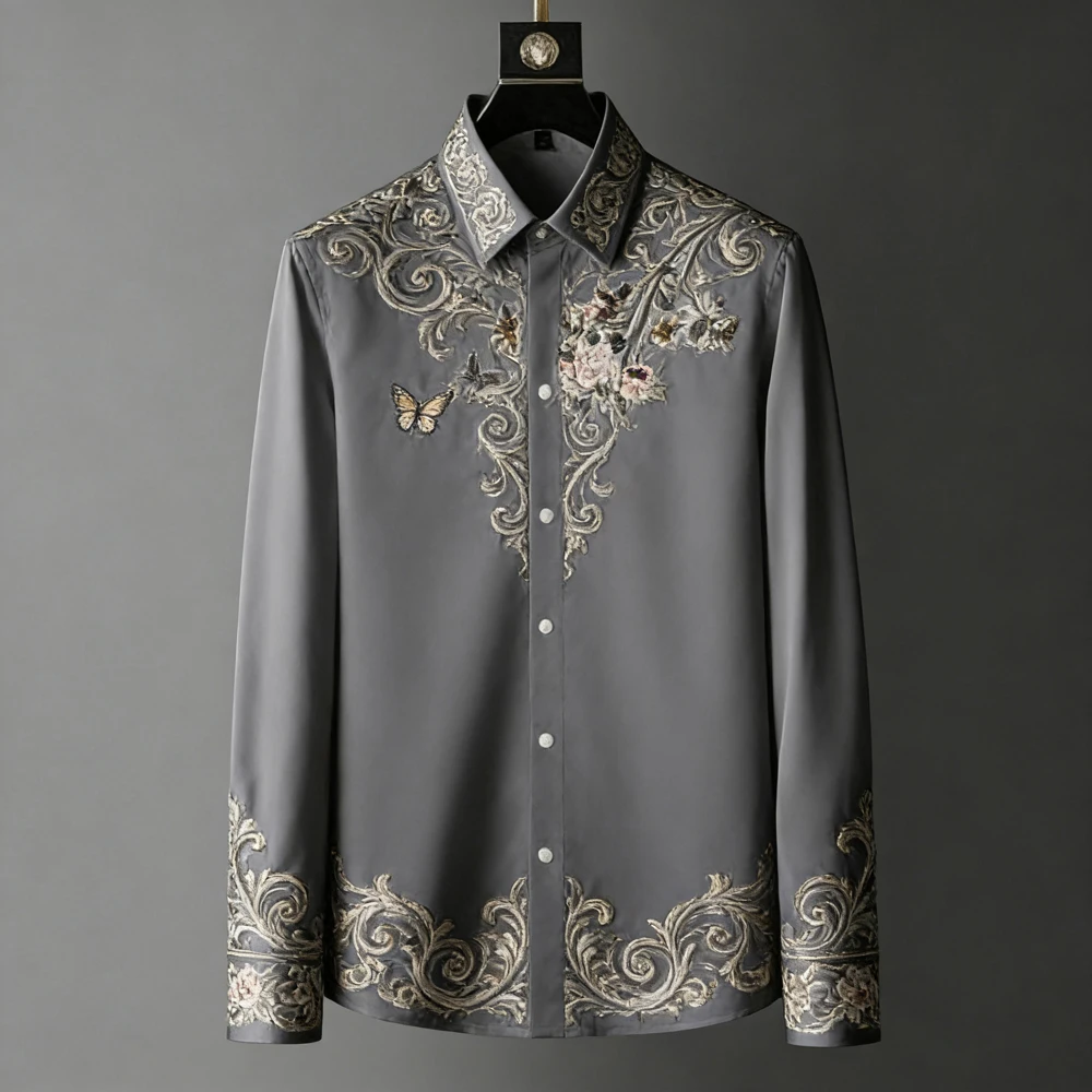 

2026 New Men's Baroque Botanical Relief Pattern 3D Printed Shirt Long Sleeve Lapel Button Hawaiian Beach Shirt Party Men Clothes