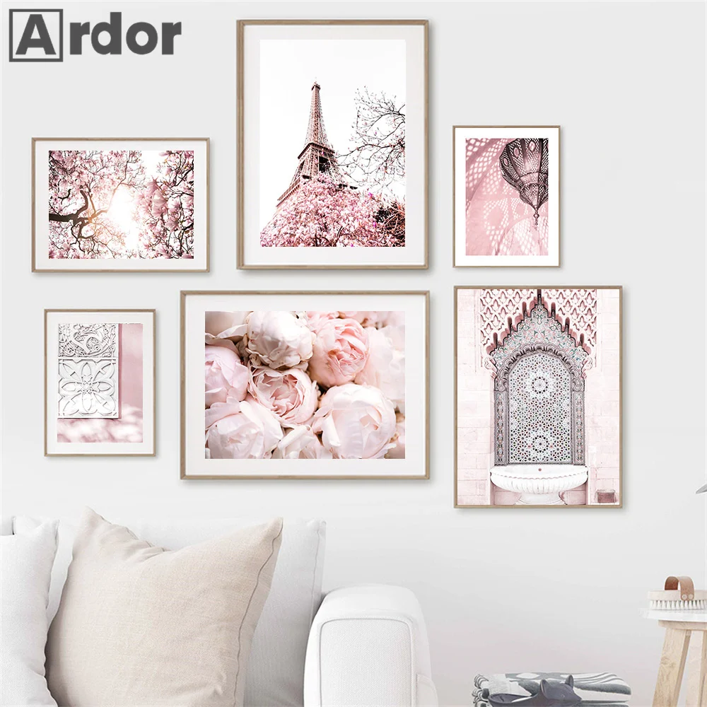 Pink Paris Tower Rose Flowers Motorbike Islamic Architecture Wall Art Canvas Painting Nordic Poster And Print Picture Home Decor