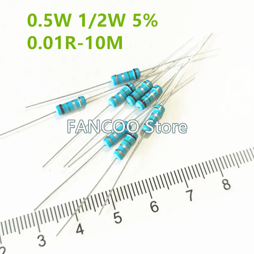 Resistencia de película metálica 500 unids/bolsa, 1/2W, 0,5 W, 5%, 0.1R, 0.12R, 0.15R, 0.18R, 0.27R, 1R, 1.2R, 1.3R, 1.6R, 1.8R, 2R, 2.2R, 2.4R, 2.7R, 3R, 3.3R