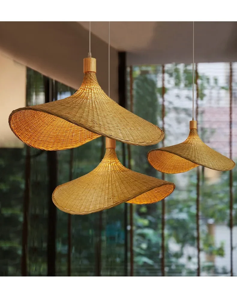 Modern Creative Straw Hat Chandelier Chinese Style Handmade Woven Bamboo Lamp Bamboo Chandelier Tea Room Rattan Hand-woven Lamps