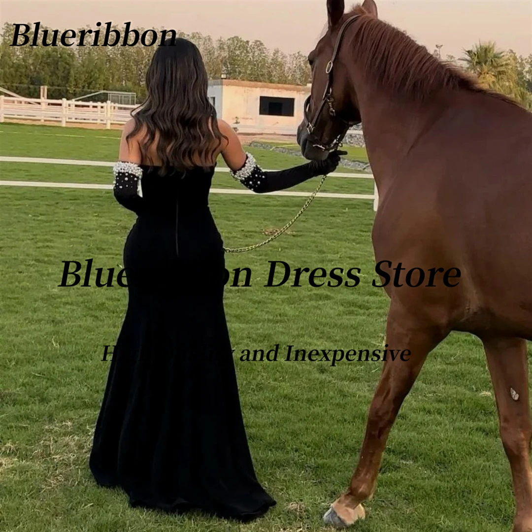 Blueribbon Sexy Side Slit Cocktail Party Women Wear Long Prom Dresses Sweetheart Beaded Gloves Formal Evening Gowns Customized