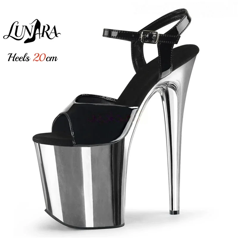 

20cm Black Patent Leather Pole Dance Silver Metallic Platform High Heel Sandals Open Toe Ankle Strap Sexy Nightclub Shoes