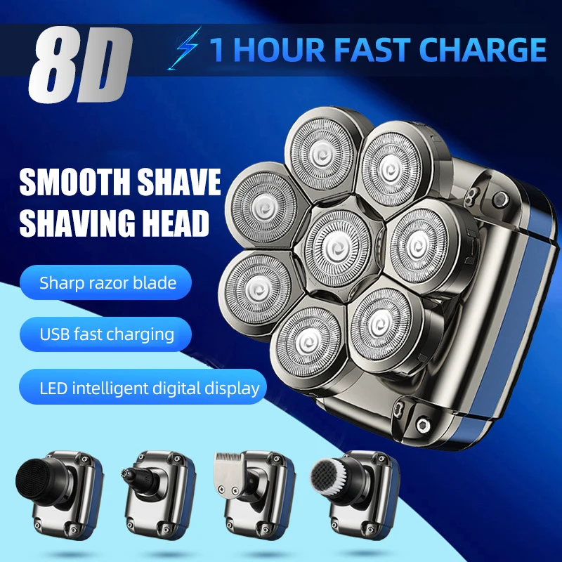 

8D Men's Electric Shaver Wet Dry Beard Hair Trimmer Electric Razor Personal Rechargeable Bald Head Shaving Machine LCD Display